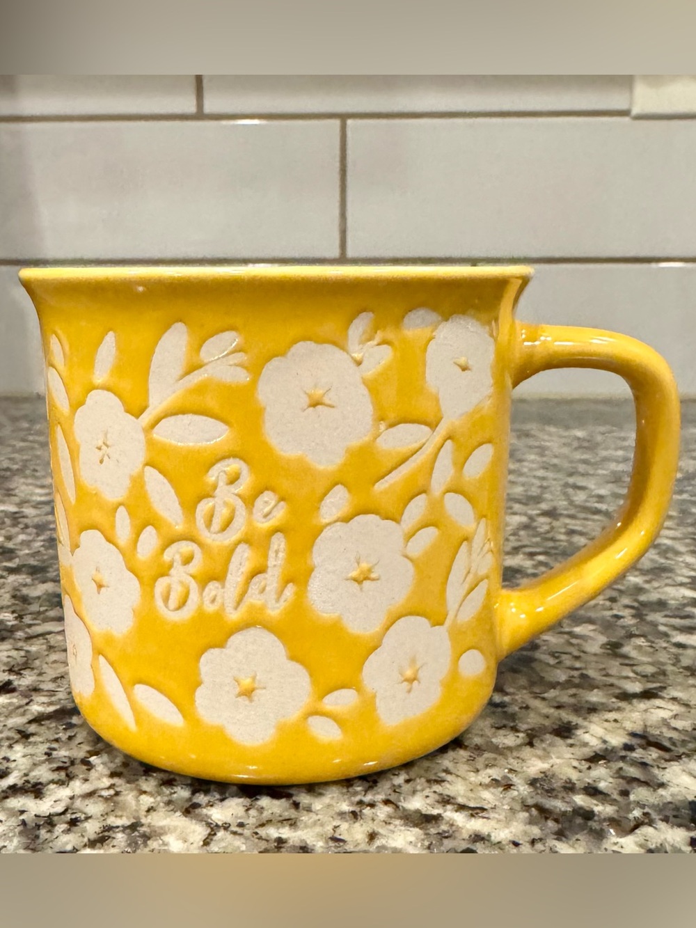 "Be Bold" Yellow Ceramic White Flower Embossed Design Coffee Tea Mug